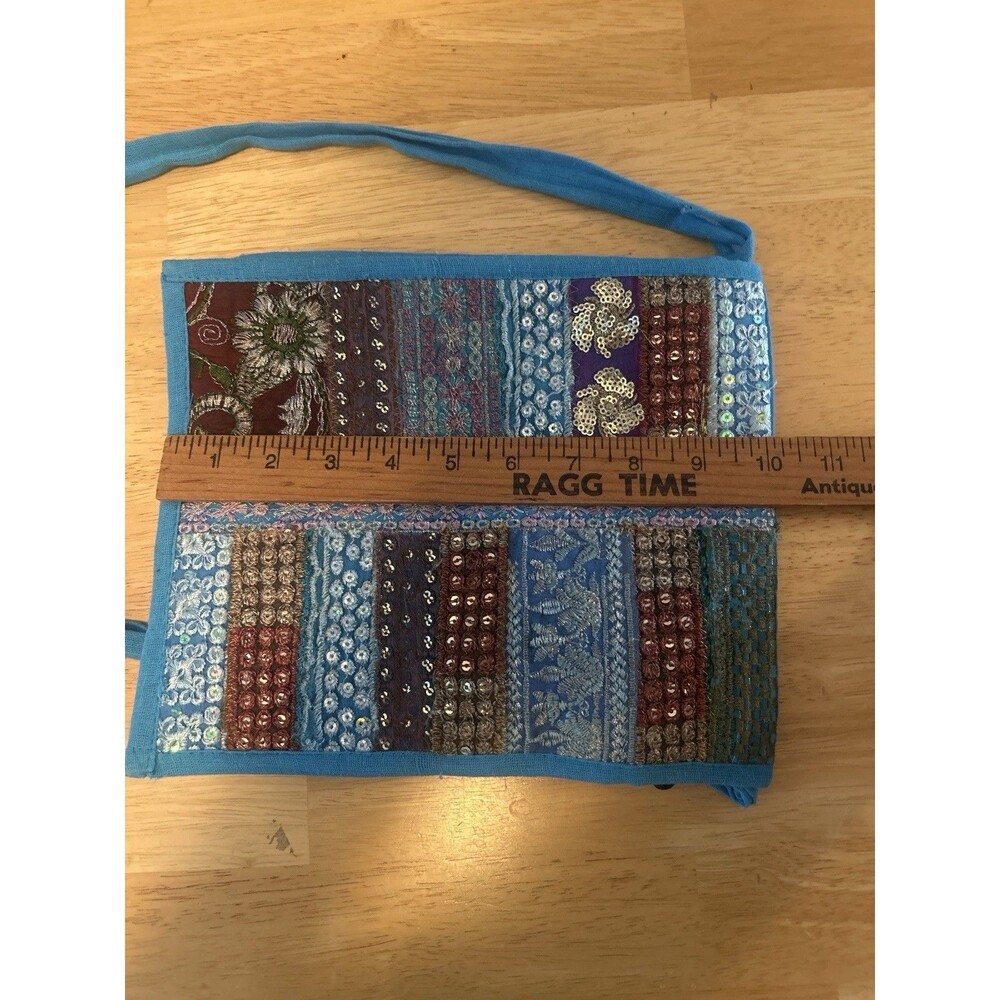 Vintage Boho Patchwork Sequin Crossbody Bag Blue Cotton India Festival Purse - Picture 12 of 12